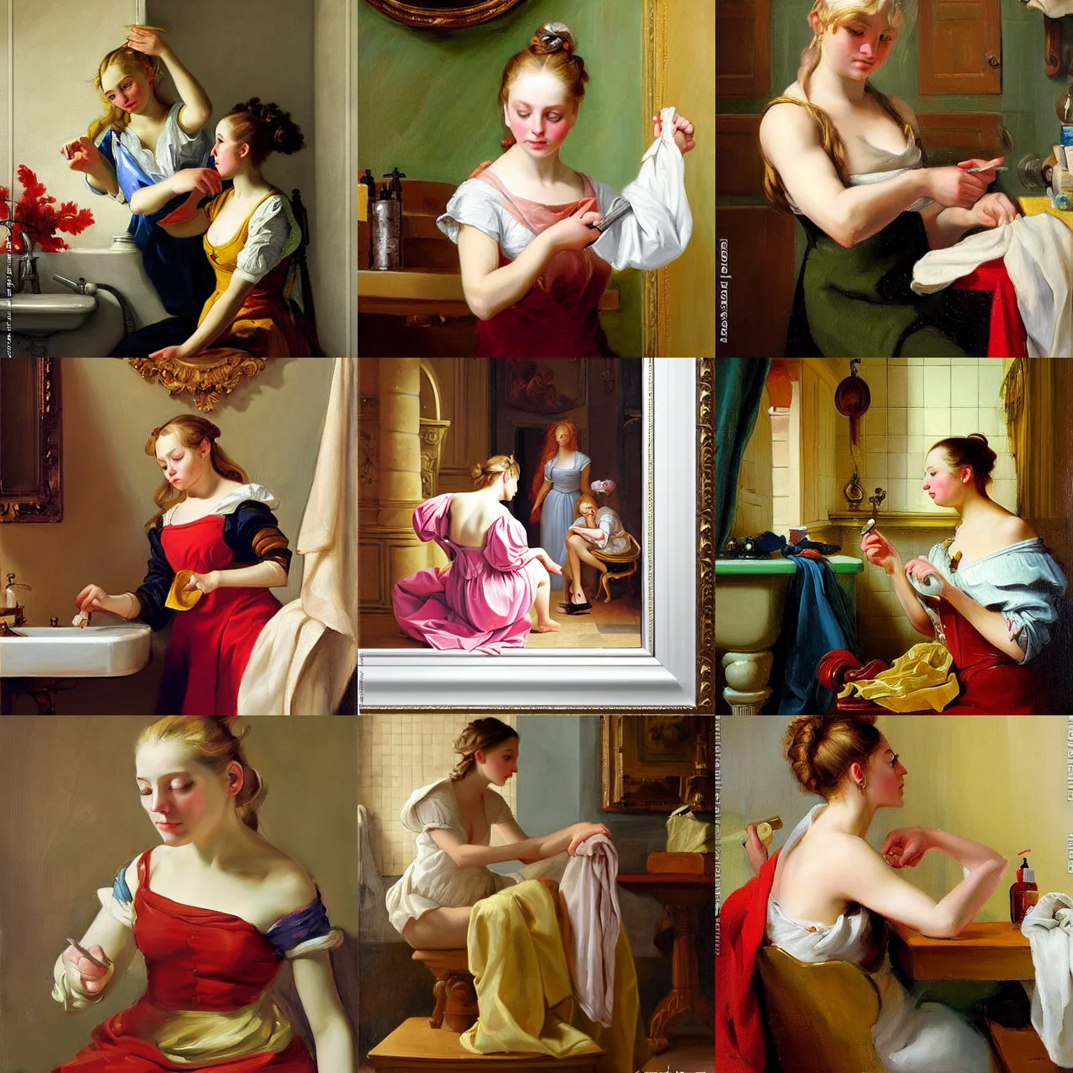 Prompt: baroque painting in the style of Vladimir Volegov, young blonde making her hair in the bathroom,