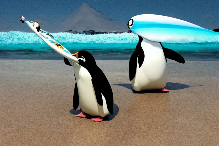 Prompt: penguin surfing on a bong shaped surfboard, high-quality 4k 3D Render