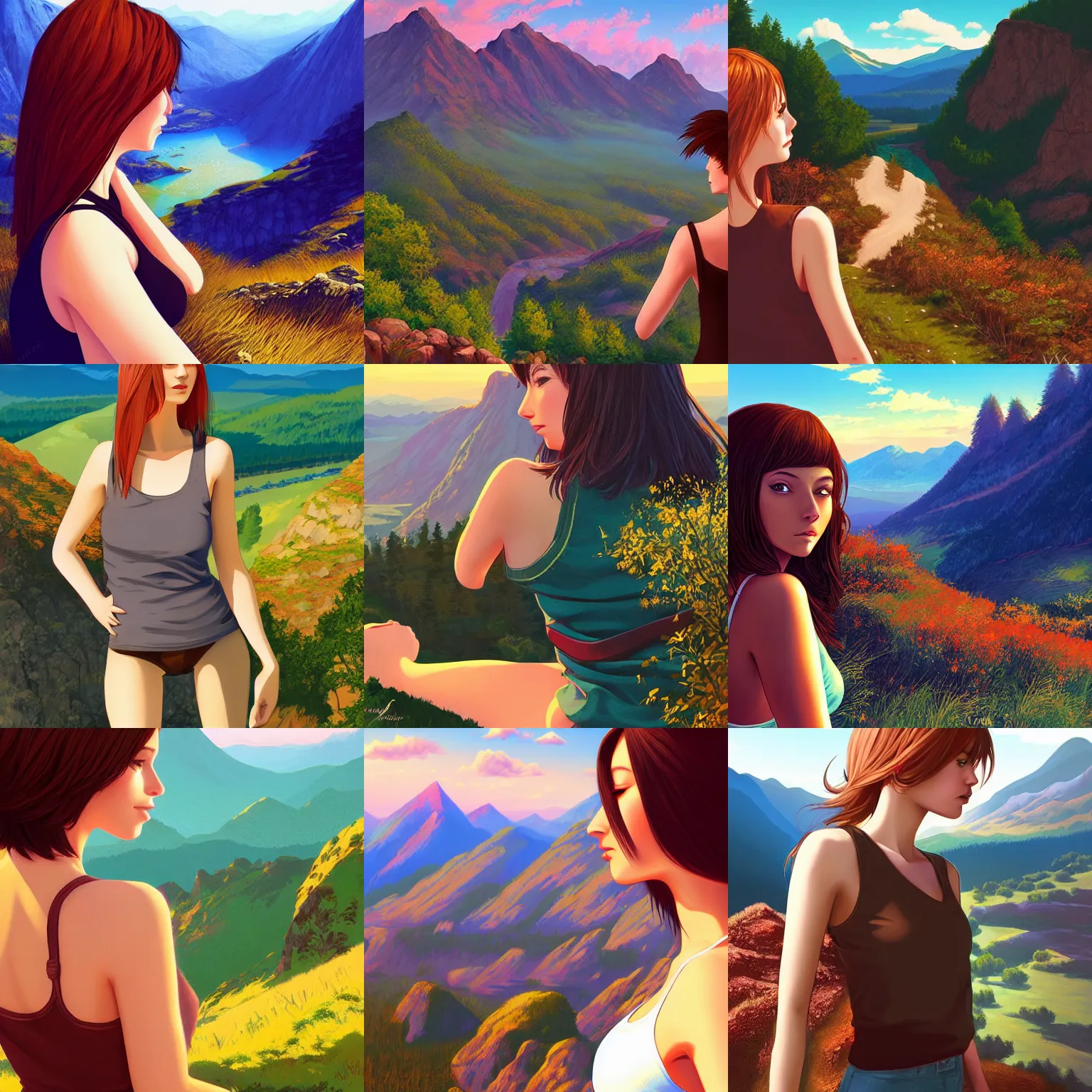 Prompt: gorgeous woman, wearing : tanktop, hair : long brown, extra : scenic view and mountain landscape, artstyle : ilya kuvshinov