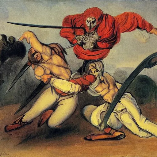Prompt: A painting of two people, one a demon and the other a human, fighting each other with swords. by Edward Lear peaceful