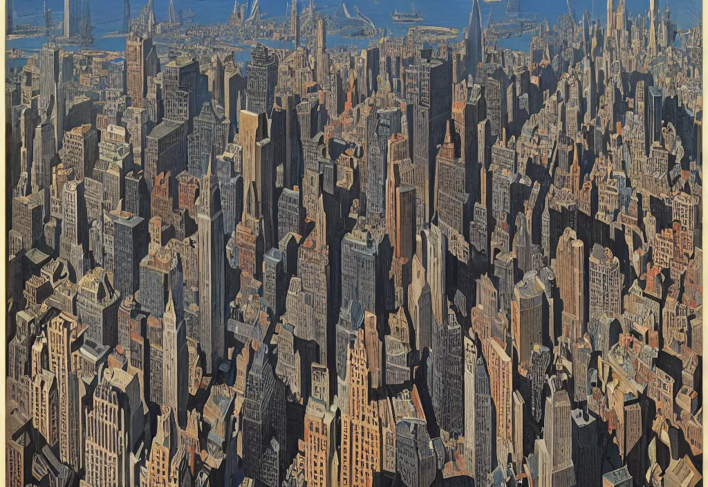 Image similar to Modern New York, high contrast, Ludek Pesek, Rick Guidice, Chesley Bonestell, Lucien Rudaux, Rolf Klep, Fred Freeman, George Pal