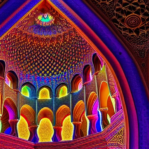 Prompt: cosmic cathedral created by the gods, intricate muqarnas, beautiful colors, bold architecture, detailed, 4 k