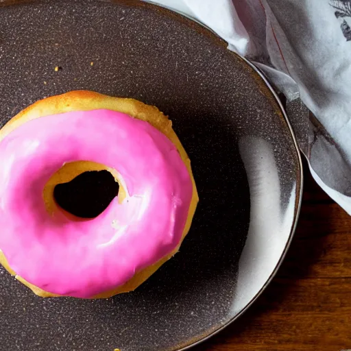 Image similar to A delicious pink donut on a plate in a log cabin