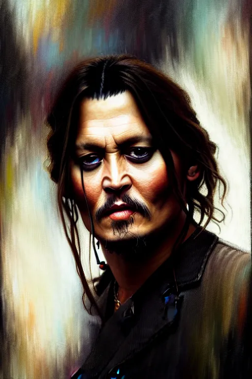 Image similar to hyperrealist portrait of johnny depp by jeremy mann and alphonse mucha, fantasy art, photo realistic, dynamic lighting, artstation, poster, volumetric lighting, very detailed faces, 4 k, award winning