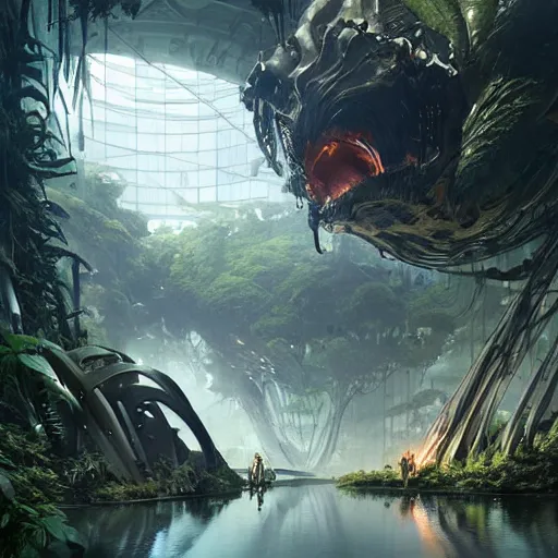 Prompt: epic alien jungle by greg rutkowski inside a giant laboratory by raymond swanland and zaha hadid