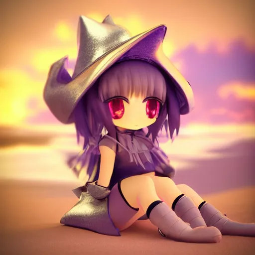 Image similar to cute fumo plush of a metallic reflective girl, global illumination reflectance probe, ssao, chibi anime, magical girl, beach, witch, vray