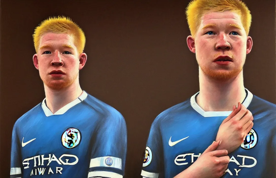 Image similar to portrait of kevin de bruyne manchester city!!!!!!!!!!!!!!!!!!!!!!!!!!!, detailed face, detailed painting, epic lighting, by ilya repin, phil hale and kent williams