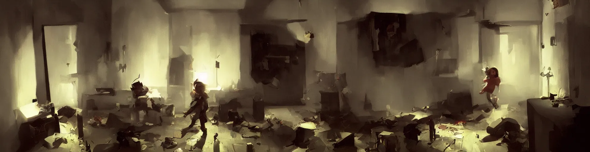 Image similar to a kid entering in a hoarder's room, dark atmosphere. by sergey kolesov and phil hale