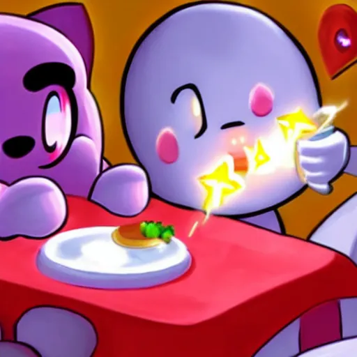 Prompt: kirby eating dinner with companion cube from the game portal, romantic, candlelight, realistic, photo