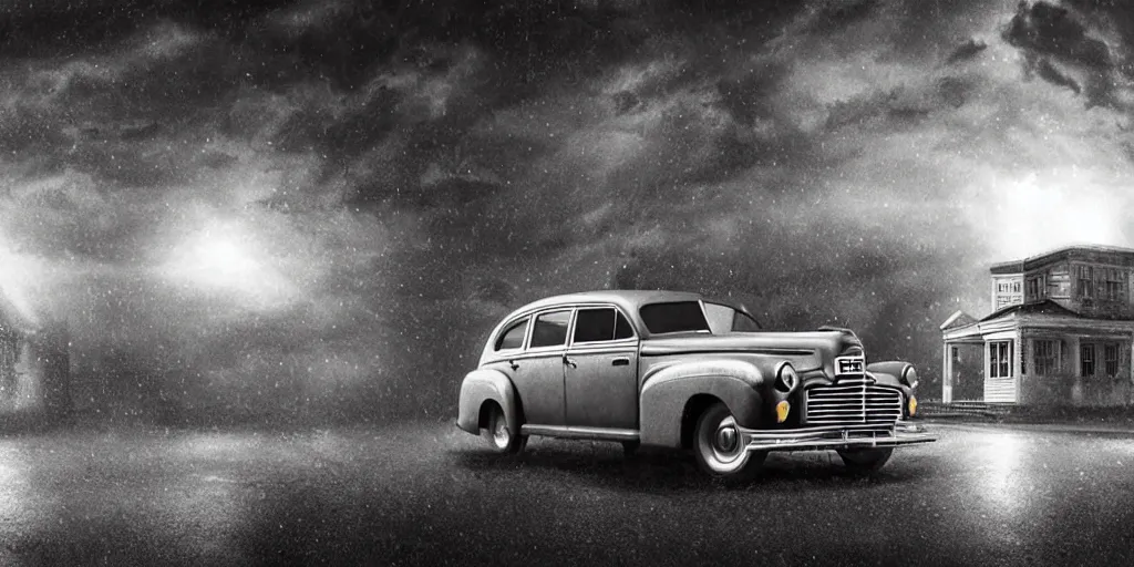 Image similar to Lovecraft Country, ultra detailed haunted house, establishing atmospheric shot, octane renderer, F11 aperture, night, volumetric fog, lighting and thunder, stormy weather, ultra detailed rain drops, reflections, film grain, single ultra detailed grey 1948 Packard Station Sedan parked in the street,