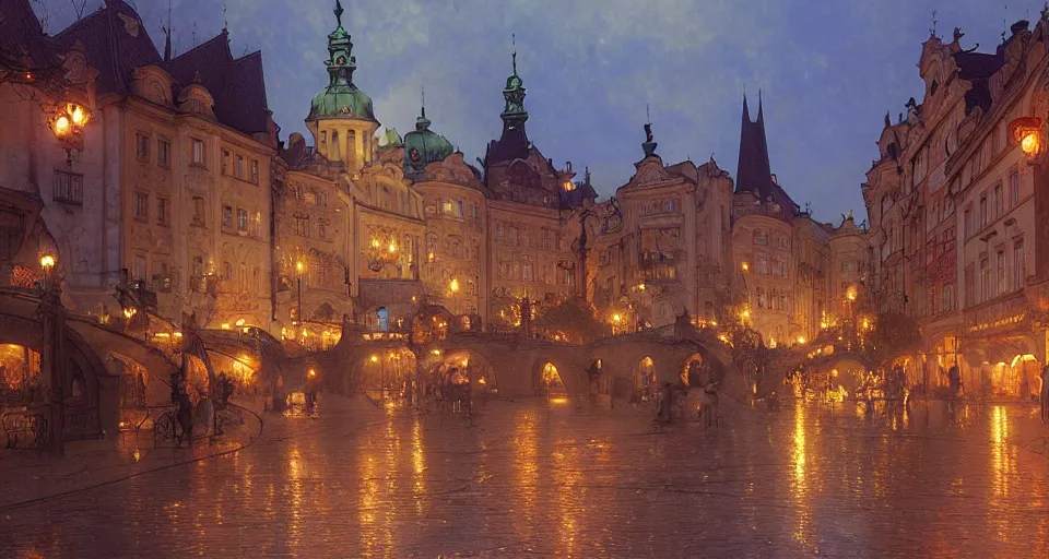 Image similar to prague art nouveau town during the lantern festival, volumetric lighting, glowing lights, 4 k, octane, digital painting, artstation, concept art, sharp focus, illustration, by john williams waterhouse, thomas kincade, donato giancola, and alphonse mucha