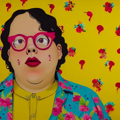 Prompt: colorful and festive cute young plus size todd solondz with tan skin, clear sharp todd solondz face, wearing yellow floral blouse. full body, rich vivid pastel colors, ambient lighting, dynamic lighting, 4 k, atmospheric lighting, painted, intricate, highly detailed by francis bacon and charlie bowater and damien hirst
