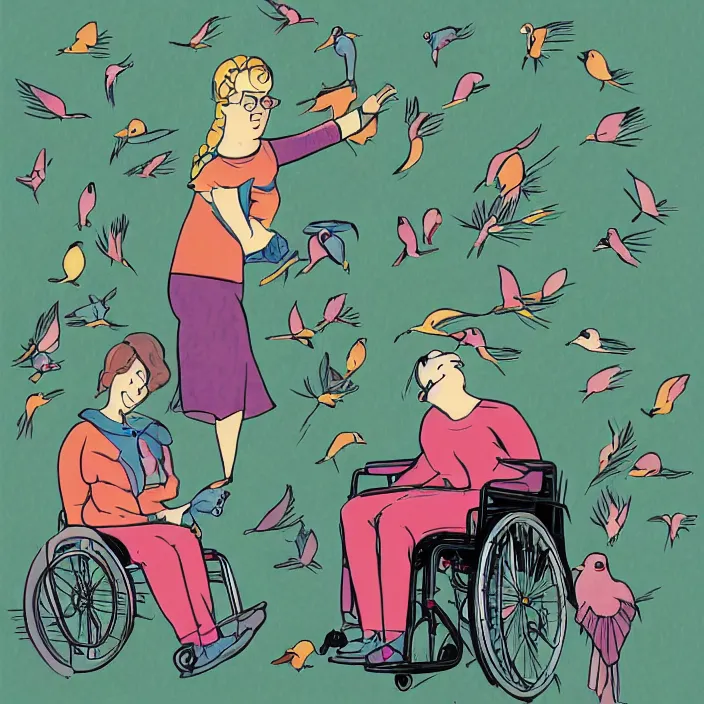 Image similar to a nerdy woman in a wheelchair, surrounded by birds, a full color illustration by mike mignolia