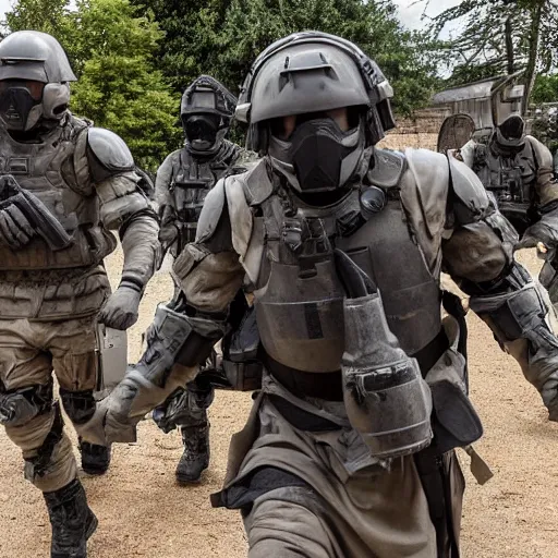 Image similar to British mercenaries wearing grey body armor carrying a wounded soldier, photo by Adam Ferguson, Pulitzer Winning, cinematic composition, breathtaking, modern, 2022