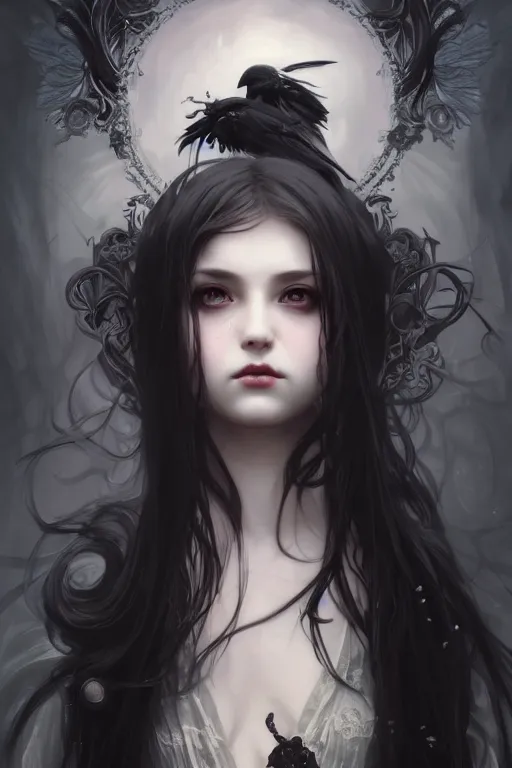 Image similar to portrait of radical lolita girl, dreamy and ethereal, dark eyes, peaceful expression, ornate goth dress, dark fantasy, chaotic, elegant, black crows flying, highly detailed, digital painting, artstation, concept art, smooth, sharp focus, illustration, art by artgerm and greg rutkowski and alphonse mucha