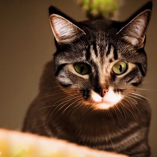 Image similar to A photograph of a cat licking a cactus, close view, studio lighting, DSLR, bokeh