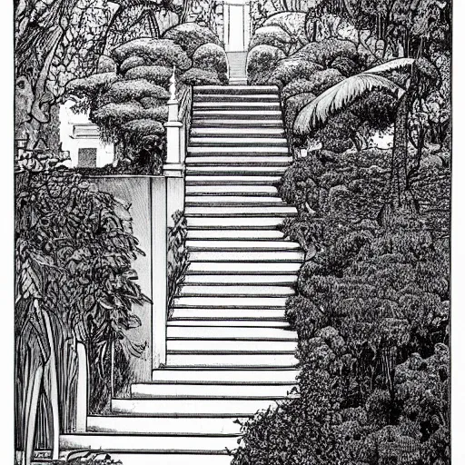 Prompt: old white house stairs into lush garden, drawing moebius