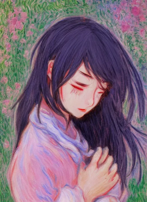 Prompt: an extremely cute girl crying tears of joy, very anime, trending artwork, 4 k, anime painter studio, an impressionist style by claude monet