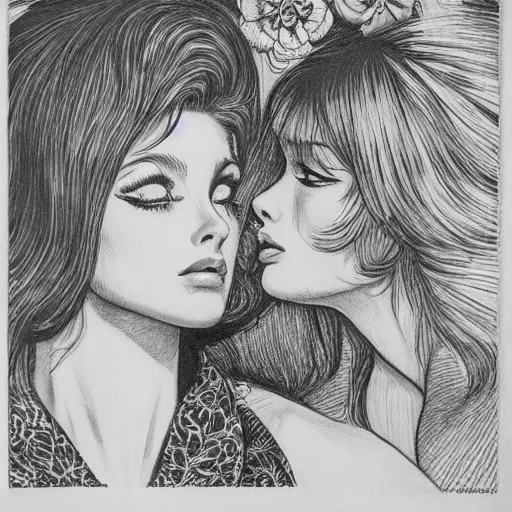 Image similar to 1 9 6 0 s drawingsymmetrical pretty elegant brigitte bardot as a vampire kissing alain delon, very detailed intricate intaglio, style of takato yamamoto, lots of flowers