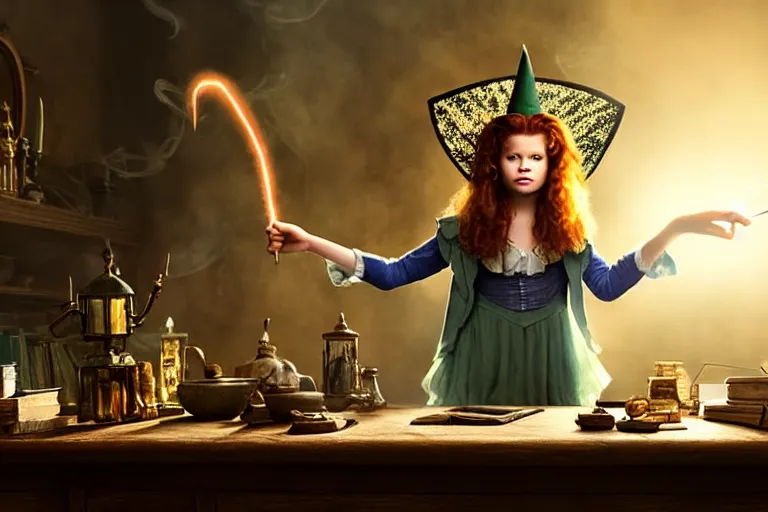 Prompt: close up portrait, dramatic lighting, teen witch calmly pointing a magic wand casting a spell over a large open book on a table with, short hair, cat on the table in front of her, sage smoke, a witch hat cloak, apothecary shelves in the background, still from alice in wonderland and peter pan