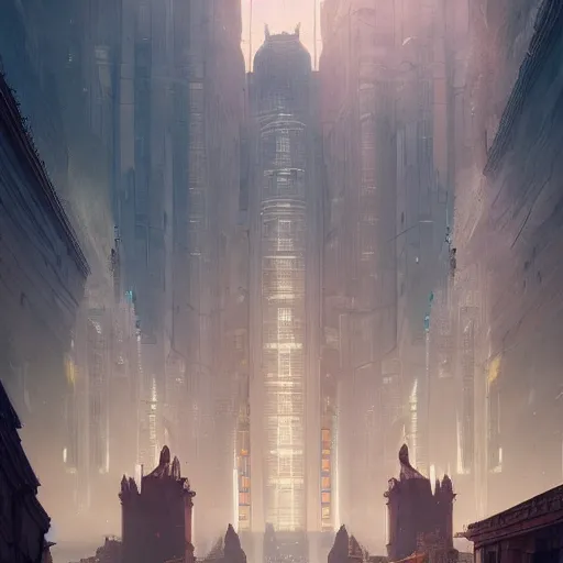 Prompt: gigantic city with pillars and long walls, evil and darkness lurk within, artwork by tooth wu and wlop and beeple and greg rutkowski