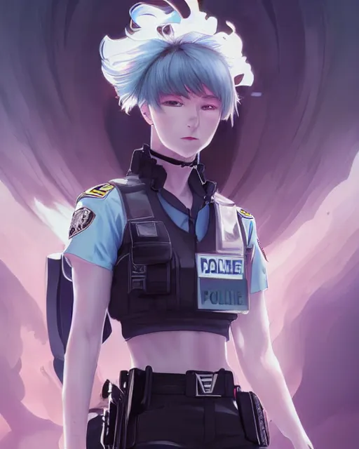 Image similar to anime key visual of a young female police officer, neon, cyberpunk, futuristic, white clothing, black vest, stunning, highly detailed, digital painting, artstation, smooth, soft focus, illustration, art by artgerm and greg rutkowski and alphonse mucha