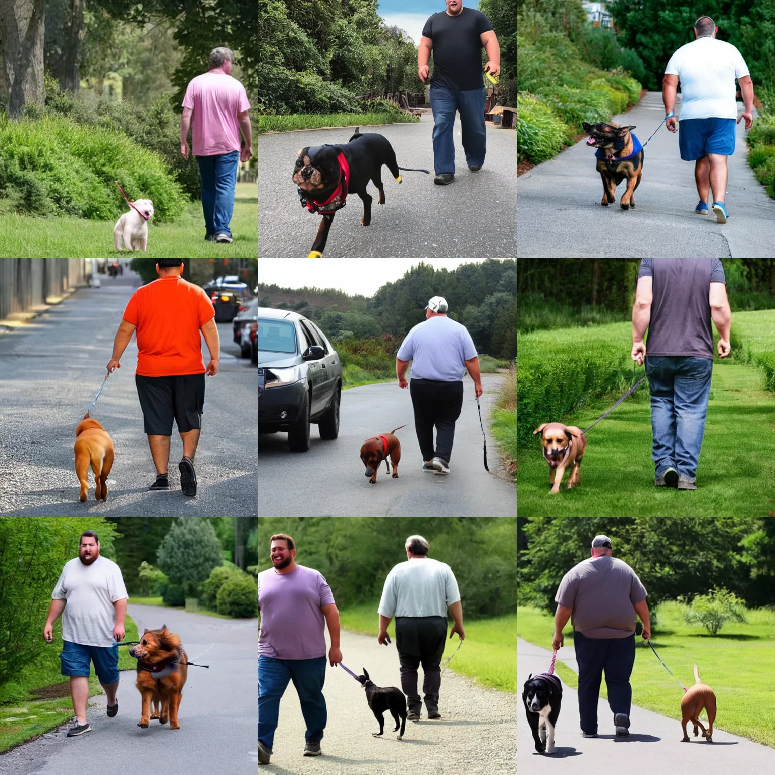 Prompt: a large man walking a small dog