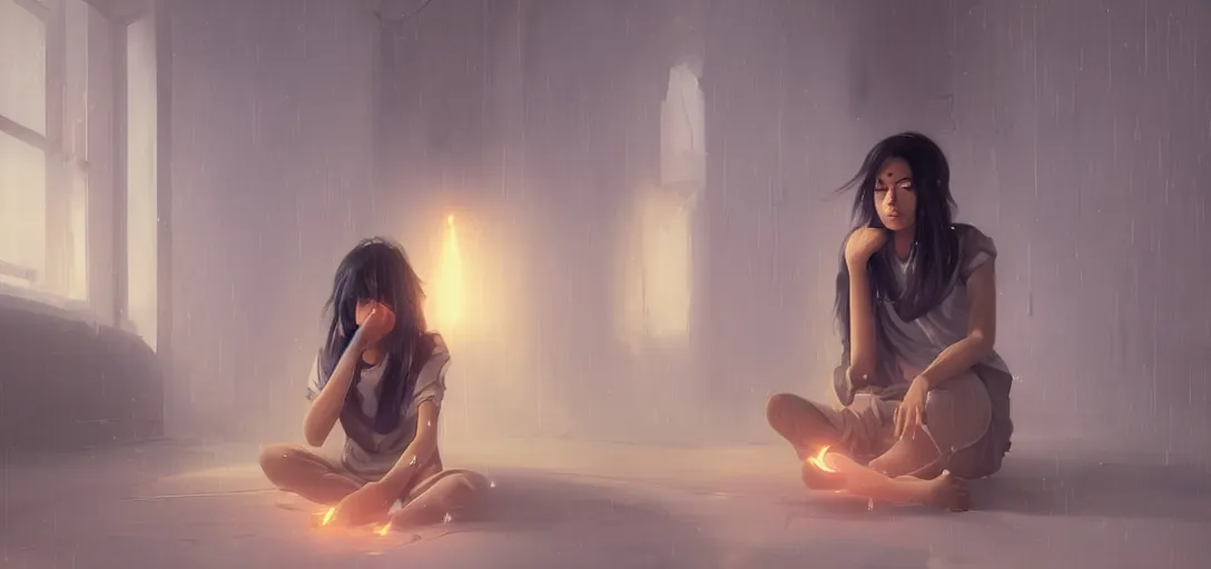 Image similar to Young Himalayan woman sitting concerned in an empty room with loneliness using psychic powers to make a lighter float| night time scene, plain walls |somber white eyes, long messy hair | gentle lighting, futuristic, dim lighting, digital art by Makoto Shinkai ilya kuvshinov and Wojtek Fus, digital art, concept art,