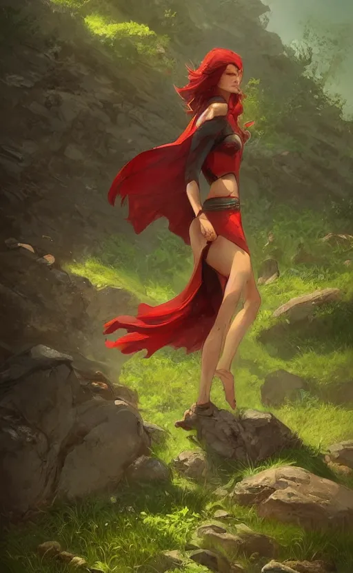 Image similar to a beautiful illustration of a woman with red hood walking between rocks, by greg rutkowski, digital artwork, artstation, cgartists, conceptartworld, deviantart, magic the gathering artstyle, floating magical rocks, lush green meadow