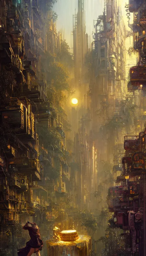 Image similar to golden goddess cutting a hyper realistic cyberpunk city in half with magic, crowded market street overtaken by lush plants, kittens, full moon, light rays, gnarly trees by tom bagshaw, mucha, gaston bussiere, craig mullins, j. c. leyendecker 8 k