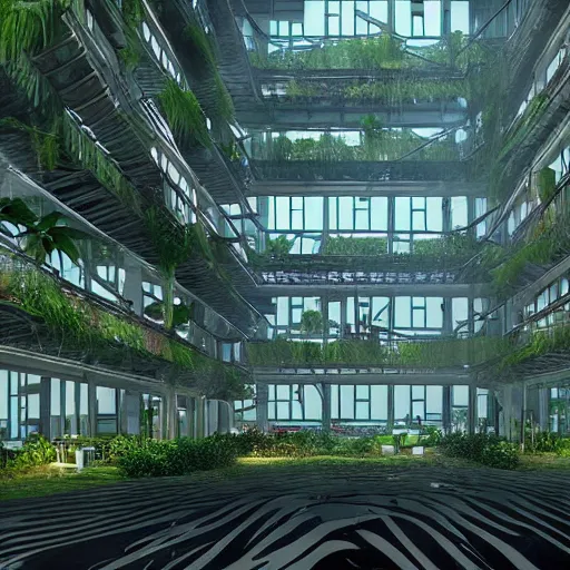 Prompt: dark cyberpunk futuristic greenhouse apartments in a tropical forest setting. dusty moody lighting. rain is falling down a central hole in the interior of the building into a pool. architectural concepts inspired by dune 2 0 4 9, 8 k, photorealism