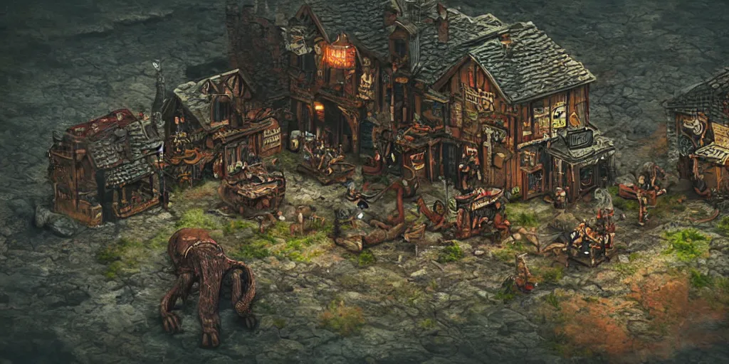 Prompt: \'mimic taverns\' monsters with clawed feet, far away landscape shot, tilt-shifted, high quality art, 4k