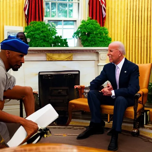 Image similar to tupac shakur visits joe biden at the oval office, photorealistic, ultra hd, 4 k, award winning, patriotic