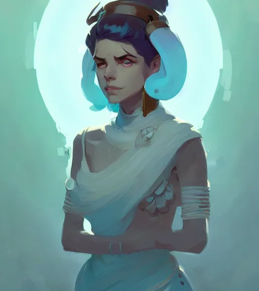 Image similar to portrait princess working as a healer, dnd character, by atey ghailan, by greg rutkowski, by greg tocchini, by james gilleard, by joe fenton, by kaethe butcher, dynamic lighting, gradient light blue, brown, blonde cream and white color scheme, grunge aesthetic