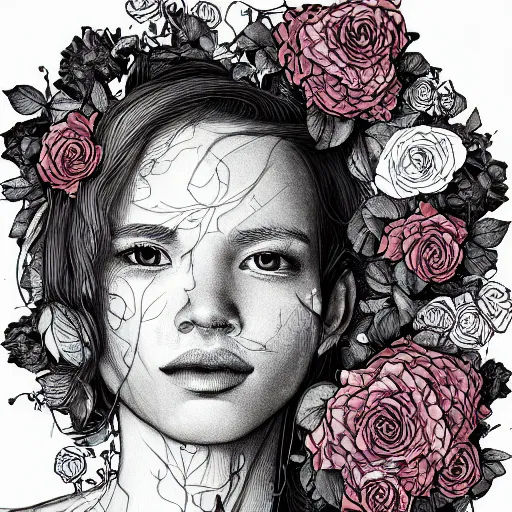 Prompt: the anatomy of a head of lettuce with roses that resemble a beautiful young woman of color looking up, an ultrafine detailed illustration by james jean, intricate linework, bright colors, final fantasy, behance contest winner, vanitas, angular, altermodern, unreal engine 5 highly rendered, global illumination, radiant light, detailed and intricate environment