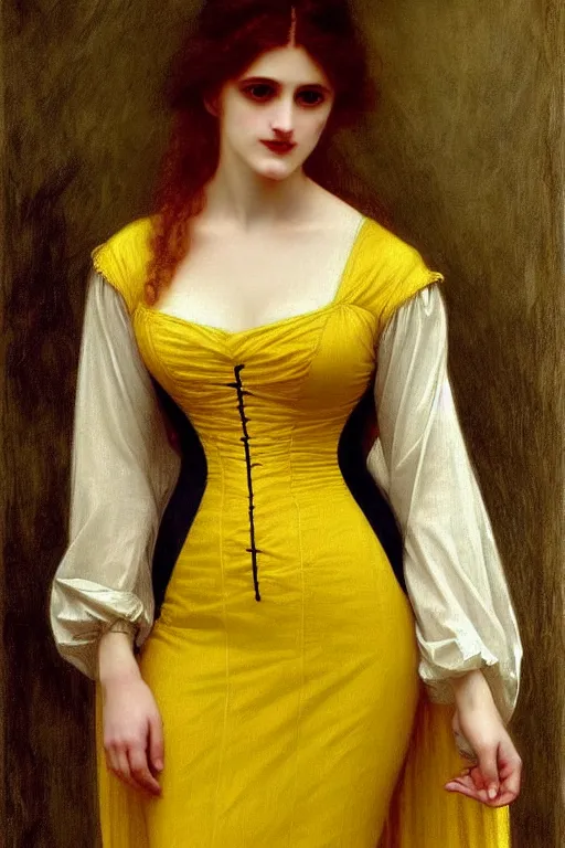 Image similar to victorian vampire in yellow dress, painting by rossetti bouguereau, detailed art, artstation