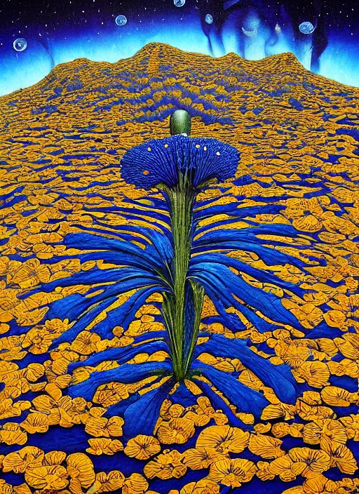 Image similar to detailed, intricate blue black and purple papaverum flower on the field, nebula, galaxy in the sky, winning award masterpiece, fantastically beautiful, illustration, aestheticly inspired, jacek yerka, upscale with anguissola sofonisba work, artstation, 8 k