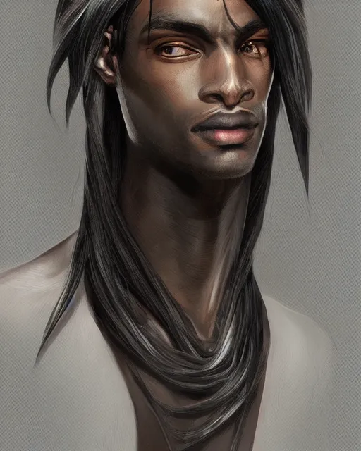 Image similar to portrait of a feminine male dark elf, ebony skin, long hair, fantasy, feminine, elegant, intricate, highly detailed, digital painting, artstation, concept art, sharp focus, illustration