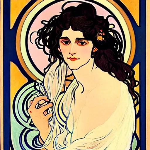 Image similar to painting of handsome beautiful dark medium wavy hair woman in his 2 0 s, dressed as an oracle, foreseeing the future, elegant, clear, painting, stylized, delicate, soft facial features, art, art by alphonse mucha, vincent van gogh, egon schiele