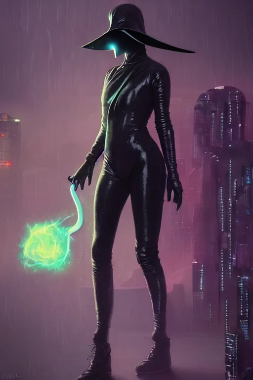 Image similar to wow! 3 / 4 stunning photorealistic portrait of a female plague doctor with a nebula aura in a kowloon! cyberpunk cityscape, bioluminescent bodysuit, acid rain, dark scifi, by artgerm and sorayama and alphonse mucha, ultrarealistic, hyperdetailed, trending on artstation, octane render