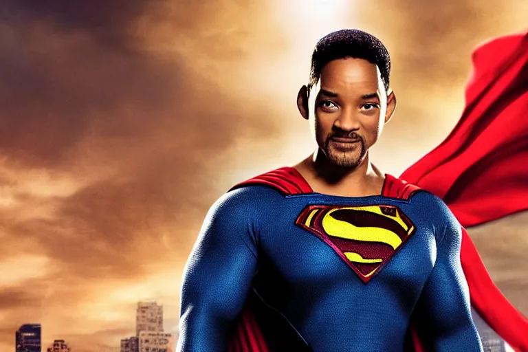 Image similar to promotional image of will smith as superman in the new superman movie, detailed face, movie still frame, promotional image, imax 70 mm footage