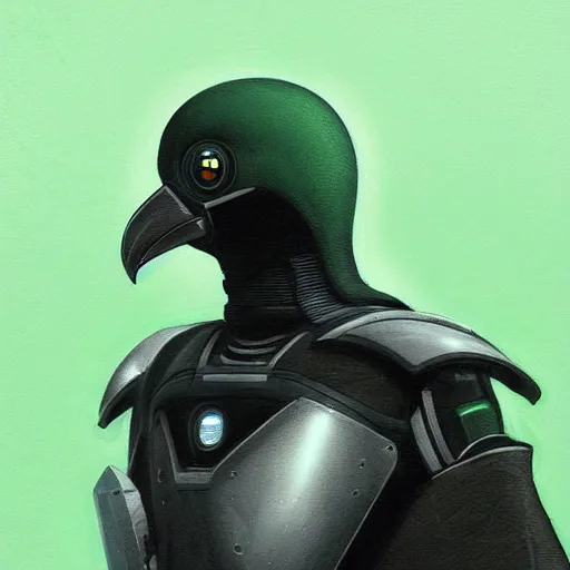 Prompt: self portrait of a robot raven. Full body with hooded cape, visor, green body armor, digital art, realistic, ultradetailed, concept art in the style of The Empire Strikes Back, art by Andrea Chiampo and Michael Whelan, trending on artstation, devianart, cgsociety