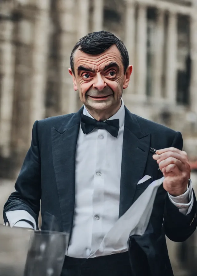 Image similar to close up photo of mr bean as james bond in london, 4 0 mm f / 2. 8, cinematic, cool, anamorphic, dramatic