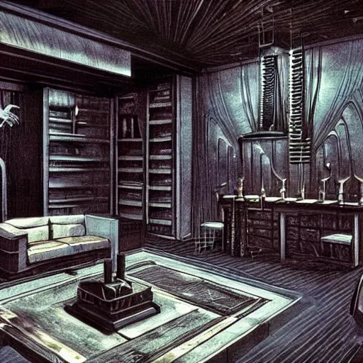 Prompt: bachelor pad with interior design by h. r. giger