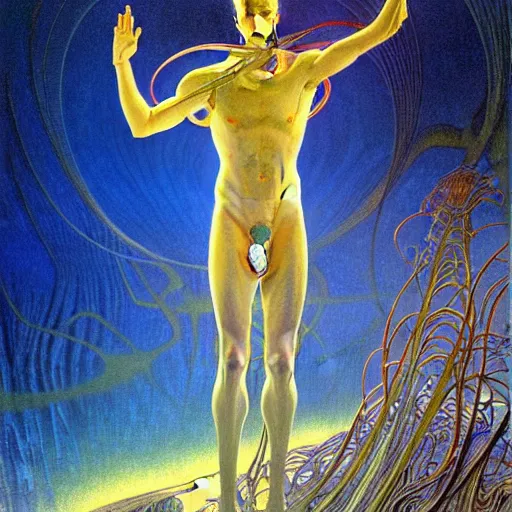 Image similar to realistic extremely detailed portrait painting of a glowing male silhouette, futuristic sci-fi landscape on background by Jean Delville, Amano, Yves Tanguy, Alphonse Mucha, Ernst Haeckel, Edward Robert Hughes, Roger Dean, rich moody colours, blue eyes