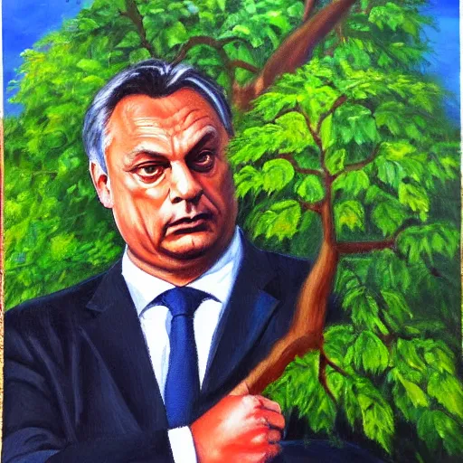 Image similar to viktor orban protecting a tree, oil painting