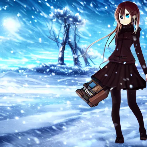 Image similar to anime girl with steampunk weapons and a robotic companion walking though a snowy tundra forest, extremely detailed, anime, anime background, intense, particles, cinematic lighting,