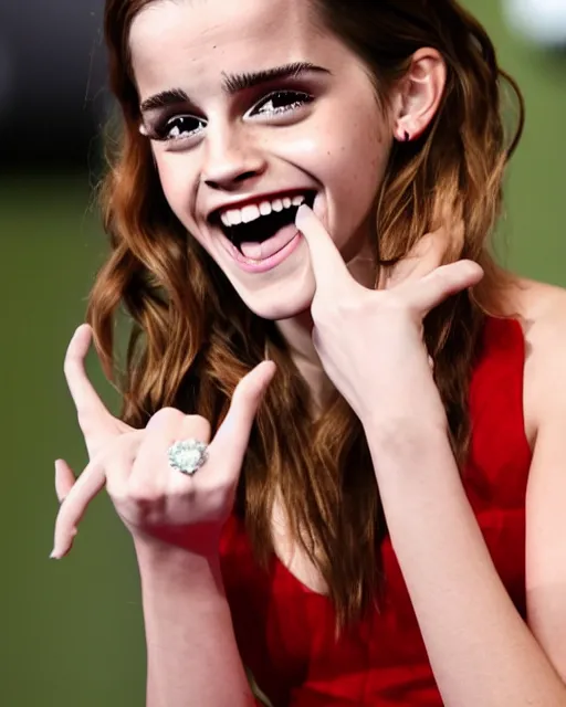 Prompt: A photo of laugh emma watson. she has wedding rings on his fingers. 50 mm. perfect ring. award winning photography