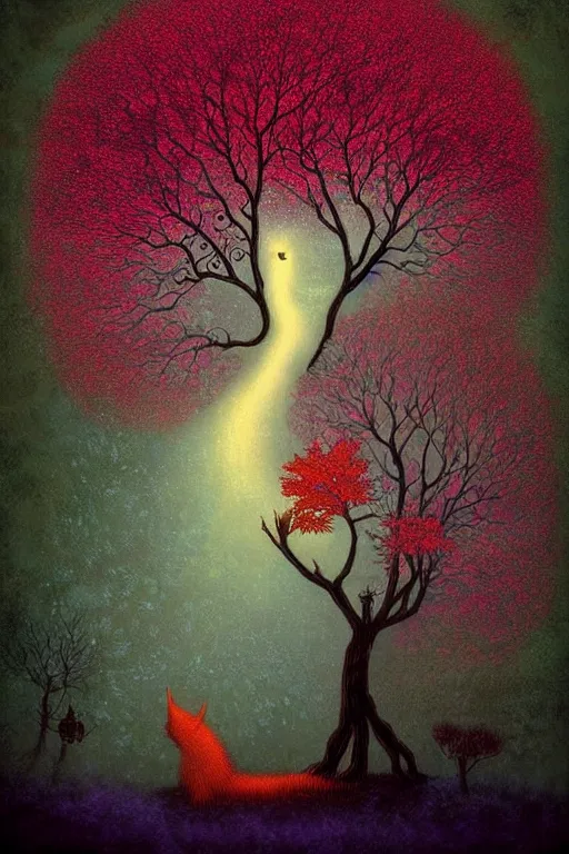 Image similar to surreal, fantasy, fairytale animals, flowerpunk, mysterious, vivid autumn colors, by andy kehoe