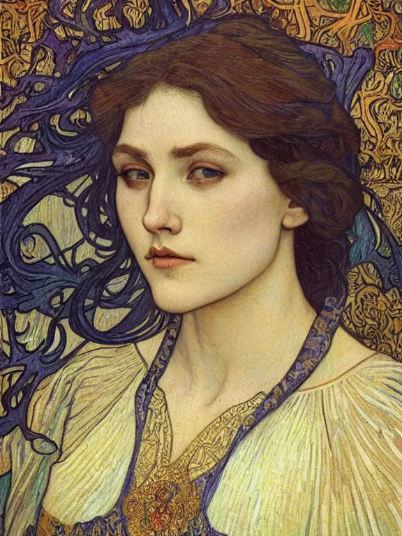 Image similar to detailed realistic beautiful young medieval queen face portrait by jean delville, alphonse mucha, vincent van gogh, and marco mazzoni, art nouveau, symbolist, visionary, gothic, pre - raphaelite